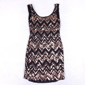 Route 3 Black Gold Sequin Chevron Bodycon Dress Size Small Party Glamcore